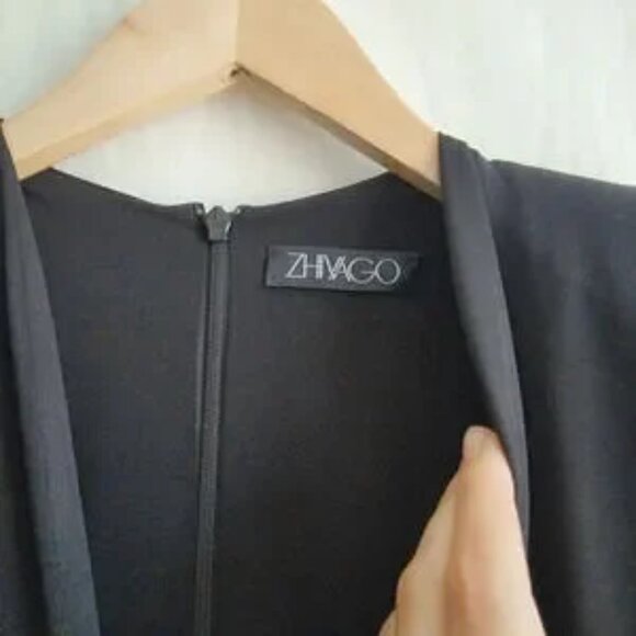 Zhivago Black Deep V Neck Knee Length Bodycon with Shoulder Pads Dress Size 6 - Picture 6 of 7